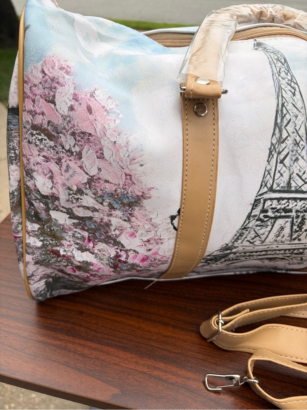 Paris Eiffel Tower Floral Weekender Duffel Bag Shoulder Strap New - Picture 2 of 11